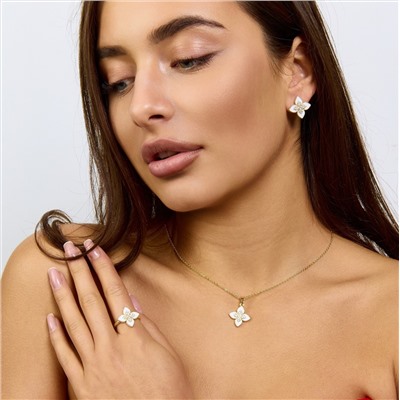 Комплект ювелирной бижутерии Итальянское золото (покрытие желтое 14к) серьги, кулон и кольцо 18 р, вставка: эмаль и  цирконы, цвет: белый и прозрачный, арт.217.380-18