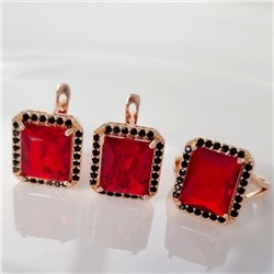 Комплект ювелирной бижутерии коллекция "Дубай" серьги и кольцо 17 р, покрытие позолота, вставка: фианиты, цвет: красный и черный, арт.215.363-17