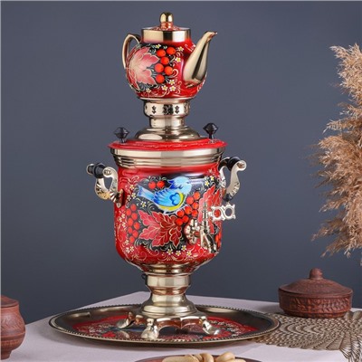 Набор посуды «Рябина», 3 предмета: самовар 3 л, заварочный чайник 0.7 л, поднос