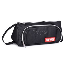 Пенал "Private" 21x8,5x8,5 см, треугольный для 70 предметов, текстильный, на молнии, с ручкой, наружный объемный карман на молнии с плавающей перегородкой, с каучуковой аппликацией, черный