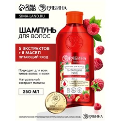 Шампунь для волос, питающий уход, аромат малины, 250 мл, Рябина