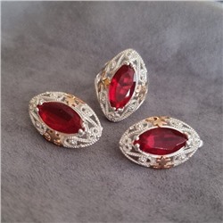 Комплект ювелирной бижутерии коллекция "Дубай",серьги и кольцо покрытие серебрение, вставка: камень красный, р-р 19,5, 09809, арт.216.375-19,5