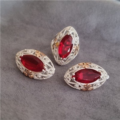 Комплект ювелирной бижутерии коллекция "Дубай",серьги и кольцо покрытие серебрение, вставка: камень красный, р-р 19,5, 09809, арт.216.375-19,5