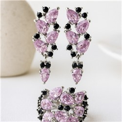 Комплект ювелирная бижутерия серьги и кольцо 17 р, покрытие: посеребрение, вставка: фианиты, цвет: розовый и черный, арт.313.032-17