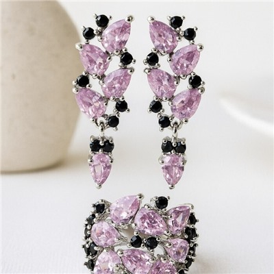 Комплект ювелирная бижутерия серьги и кольцо 19 р, покрытие: посеребрение, вставка: фианиты, цвет: розовый и черный, арт.313.032-19