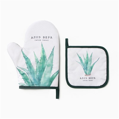 Набор кухонный «Алоэ вера» варежка-прихватка 20×27 см, прихватка 17×17 см 100% п/э