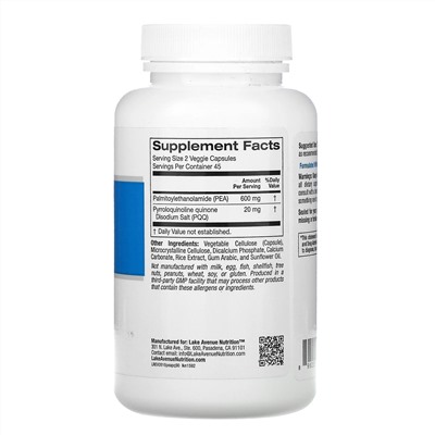 Lake Avenue Nutrition, ПЭА 600 мг, PQQ 20 мг, 90 растительных капсул