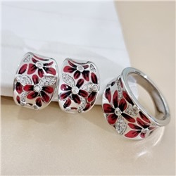 Комплект ювелирной бижутерии коллекция "Дубай" серьги и кольцо 18 р, покрытие посеребрение, вставка: цирконы и эмаль, цвет: прозрачный и красный, арт.313.470-18