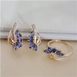 Комплект ювелирной бижутерии коллекция "Дубай" серьги и кольцо 19 р, покрытие позолота, вставка: фианиты и цирконы, цвет: синий и прозрачный, арт.215.750-19