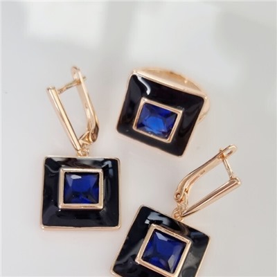 Комплект ювелирной бижутерии коллекция "Дубай" серьги и кольцо 18 р, покрытие позолота, вставка: цветная эмаль и крупный фианит, цвет: синий и черный, арт.215.338-18