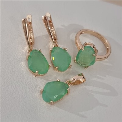 Комплект ювелирной бижутерии коллекция "Дубай" серьги, кулон и кольцо 19 р, покрытие позолота, вставка: стекло, цвет: фисташковый, арт.414.327-19
