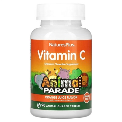 Nature's Plus, Source of Life, Animal Parade, витамин C, жевательная добавка без сахара для детей, вкус натурального апельсинового сока, 90 таблеток в форме животных