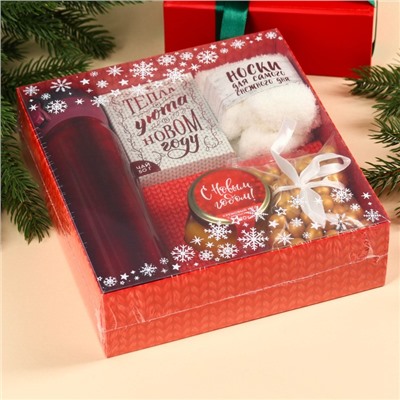 Подарочный набор новогодний «С Новым годом», чай 50 г, крем-мед 120 г, носки 36-39 р, термос 500 мл, арахис в глазури 100 г
