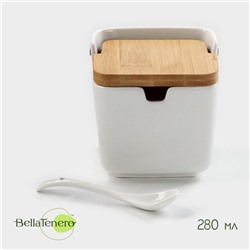 Банка для сыпучих продуктов BellaTenero, 280 мл, 9×9,5 см, с ложкой, бамбуковая крышка, фарфор, белая