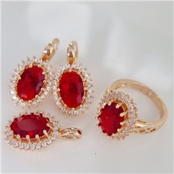 Комплект ювелирная бижутерия коллекция  "Дубай" серьги, кулон и кольцо 18 р, покрытие: позолота, вставка: фианит, цвет: красный и прозрачный, арт.313.099-18