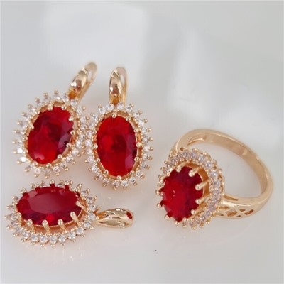 Комплект ювелирная бижутерия коллекция  "Дубай" серьги, кулон и кольцо 19 р, покрытие: позолота, вставка: фианит, цвет: красный и прозрачный, арт.313.099-19