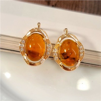 Серьги ювелирная бижутерия коллекция "Дубай" покрытие: позолота, вставка: янтарь и фианиты, 5808, арт.216.373