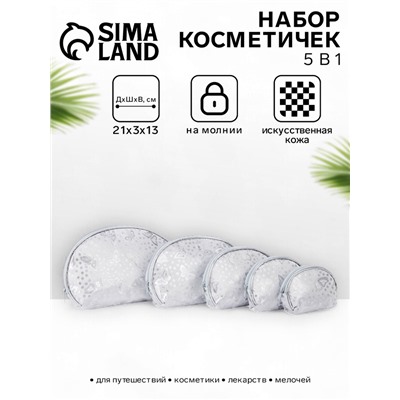 Набор женских косметичек 5 в 1 на молниях, с принтом, серебристый