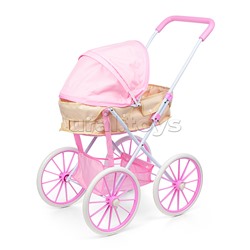 Коляска для кукол металлическая, прогулочная с капюшоном и сумкой, цвет розово-бежевый