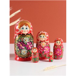 Матрёшка дерево «Цветы», красный платок, 5-кукольная, 19 см
