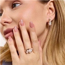 Комплект ювелирной бижутерии коллекция "Дубай" серьги и кольцо 17 р, покрытие позолота, вставка: цирконы и искусственный жемчуг, цвет: прозрачный и жемчужный, арт.313.330-17