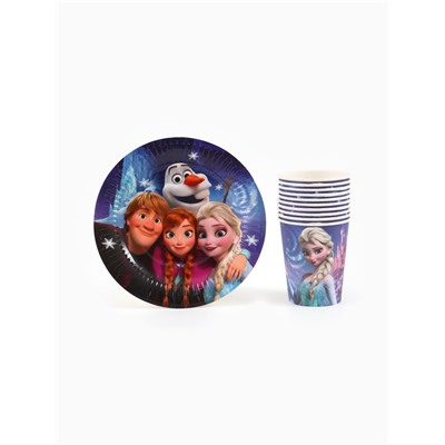 Посуда одноразовая бумажная на 10 персон: стаканы, тарелки, скатерть, Холодное сердце