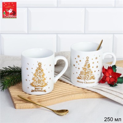 Набор кружек новогодних 4 предмета,кружки и ложки в п/у / H-3045 /уп 36/