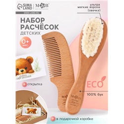 Расческа детская, деревянная с натуральной щетиной, гребень, набор 2 шт., M&B