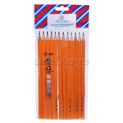 Карандаш чернографитный "Attomex" 12 шт в наб (2B-2H) диаметр грифеля 1,85 мм, шестигранный, в пластиковой упаковке, цвет корпуса желтый