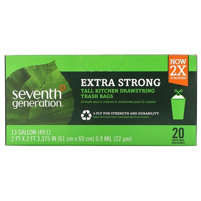 Seventh Generation, Tall Kitchen Drawstring Trash Bags,  Extra Strong, White, 20 Bags, 13 Gal (49 L) Each