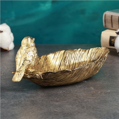 Подставка для мелочей «Фигурка птички на пёрышке», полистоун под золото, 25×10×10 см