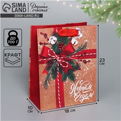 Пакет подарочный новогодний крафтовый «К тебе с подарком», MS 18×23×10 см