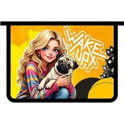 Папка для тетрадей А4 на молнии сверху 32,5х23х5,5 см ПМ-А4-29 "ДЕВУШКА С МОПСОМ 2026" Пчелка