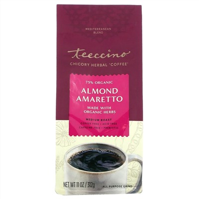 Teeccino, Травяной кофе с цикорием, средняя обжарка, без кофеина, миндальный амарето, 11 унц. (312 г)