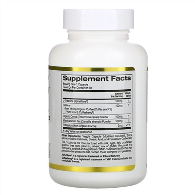 California Gold Nutrition, TheanineUP, сфокусированная энергия, L-теанин и кофеин, 60 растительных капсул