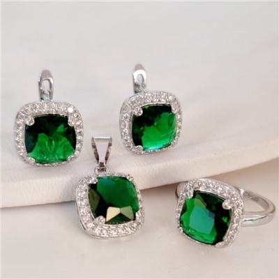Комплект ювелирная бижутерия серьги, кулон и кольцо 18 р, покрытие: посеребрение, вставка: фианит, цвет: зеленый и прозрачный, арт.313.107-18
