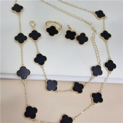 Комплект ювелирной бижутерии Итальянское золото (покрытие желтое 14к) клевер, серьги, браслет на руку, колье на шею и кольцо 18 р, вставка: пластик, цвет: черный, арт.313.482-18