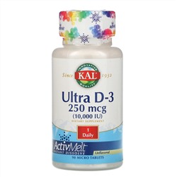 KAL, Ultra D-3, витамин D3, с нейтральным вкусом, 10 000 МЕ, 90 мини-таблеток