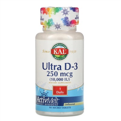 KAL, Ultra D-3, витамин D3, с нейтральным вкусом, 10 000 МЕ, 90 мини-таблеток