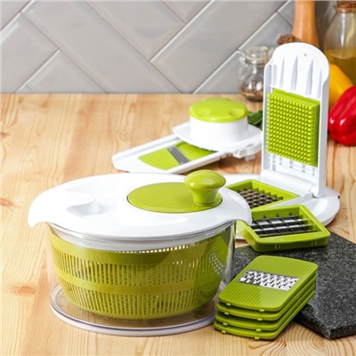 Овощерезка универсальная Доляна Fresh cook, 7 насадок, центрифуга для зелени, цвет белый/зелёный