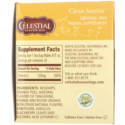 Celestial Seasonings, Травяной чай, цитрусовый рассвет, без кофеина, 20 чайных пакетиков, 1,7 унции (47 г)