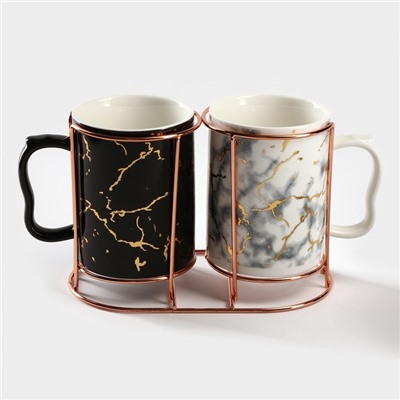 Набор кружек на металлической подставке «Мрамор», 2 предмета: 380 мл, керамика