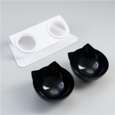 Миски, 27.5×14×15 см, 2 шт., на белой подставке, пластик, чёрные