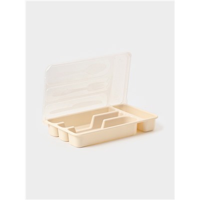 Лоток для столовых приборов с крышкой Доляна, 4 секции, пластик, 30×18×4.5 см, молочный