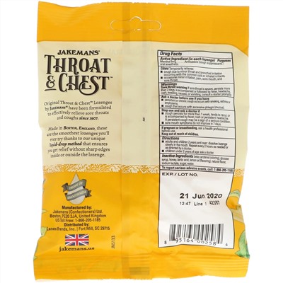 Jakemans, Throat & Chest, вкус «Мед и лимон», 30 пастилок