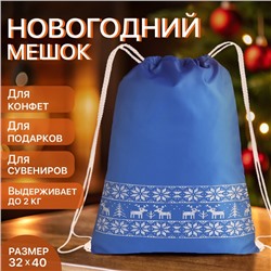 Мешок для подарков с новогодним узором, на шнурке, размер 35×1×42 см, синий
