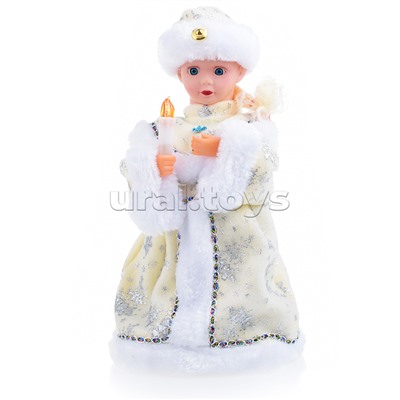 Снегурка со свечой в белой шубе, музыкальная 30см в коробке