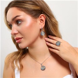 Крупный комплект ювелирной бижутерии серьги, кулон и кольцо 18 р, покрытие: посеребрение, вставка: фианиты, искусственный камень, сухоцветы, цвет: графитовый и голубой, арт.213.878-18