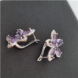Комплект ювелирной бижутерии, посеребрение: серьги и раздвижное кольцо с фиолетовыми камнями, р-р от 16-19, 13098, арт.213.009