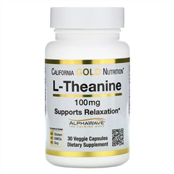 California Gold Nutrition, L-теанин, AlphaWave, поддержка расслабления, успокоение, 100 мг, 30 растительных капсул